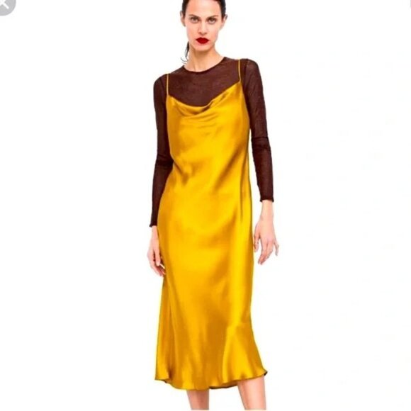 Zara Yellow/Gold Satin Dress Size Small - Picture 1 of 8